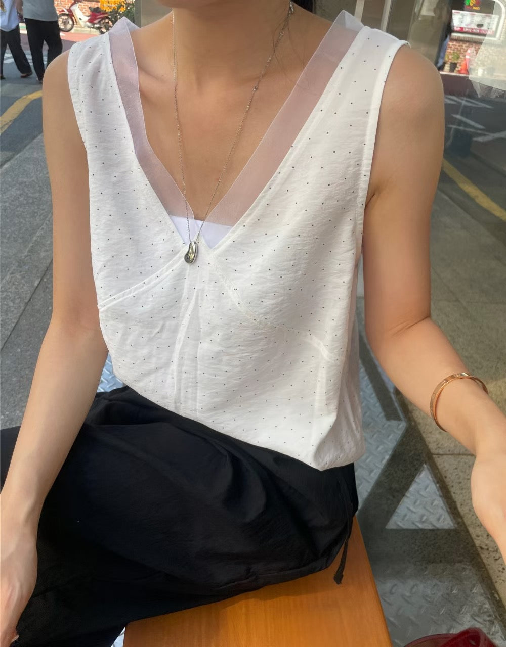Mini Dot layered lace V-neck