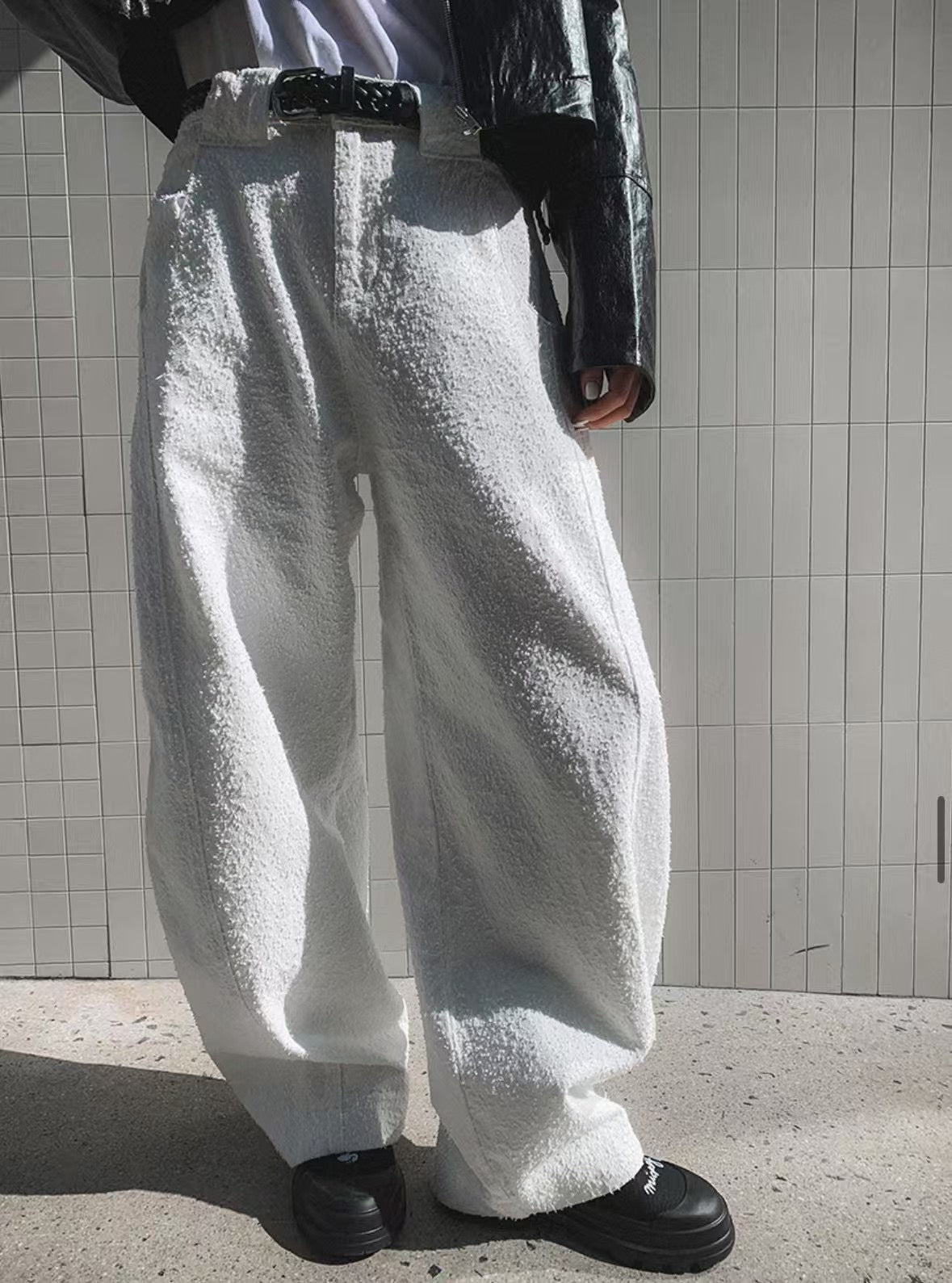 Barrel Leg Textured Pants (with Belt)