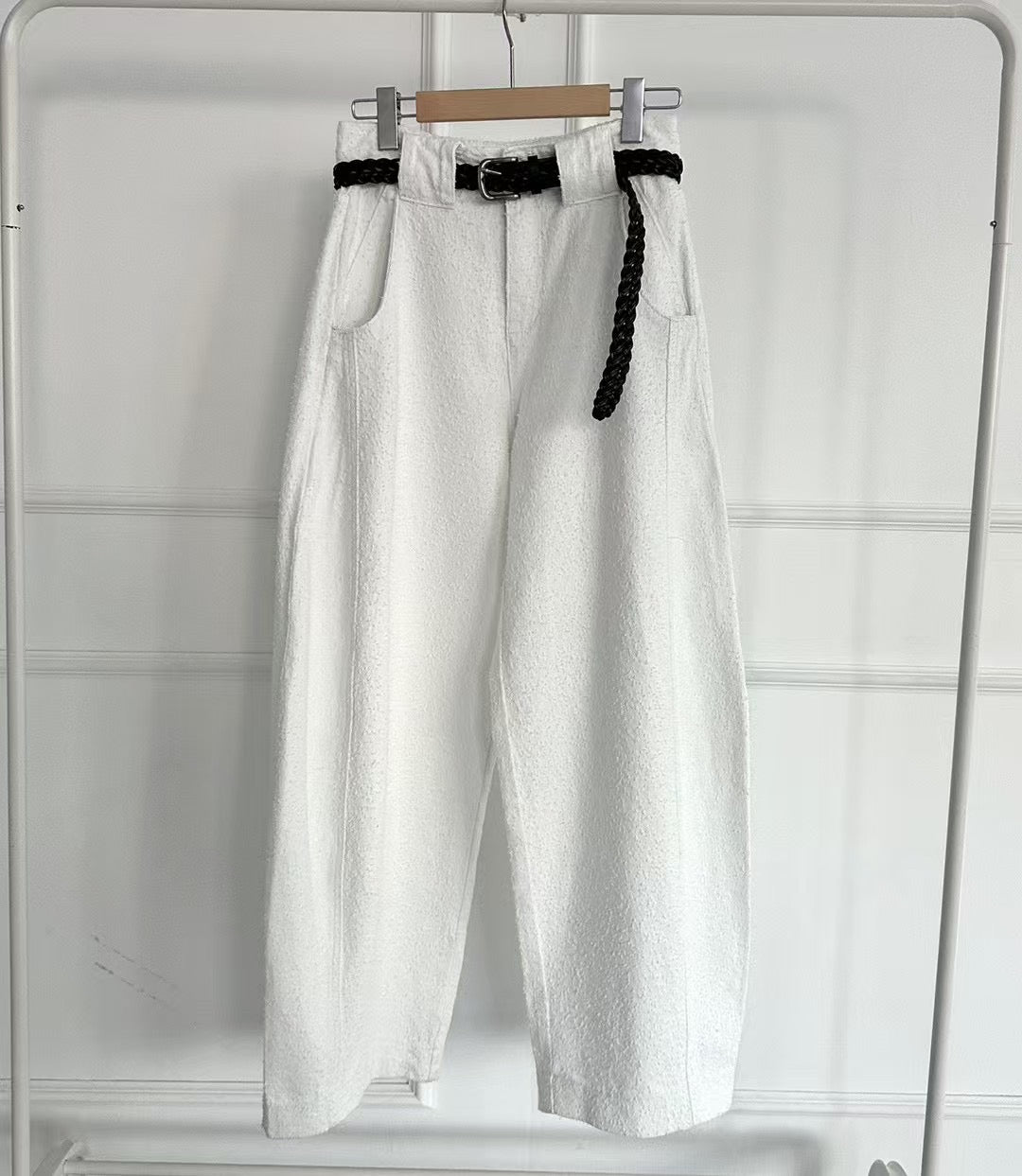 Barrel Leg Textured Pants (with Belt)