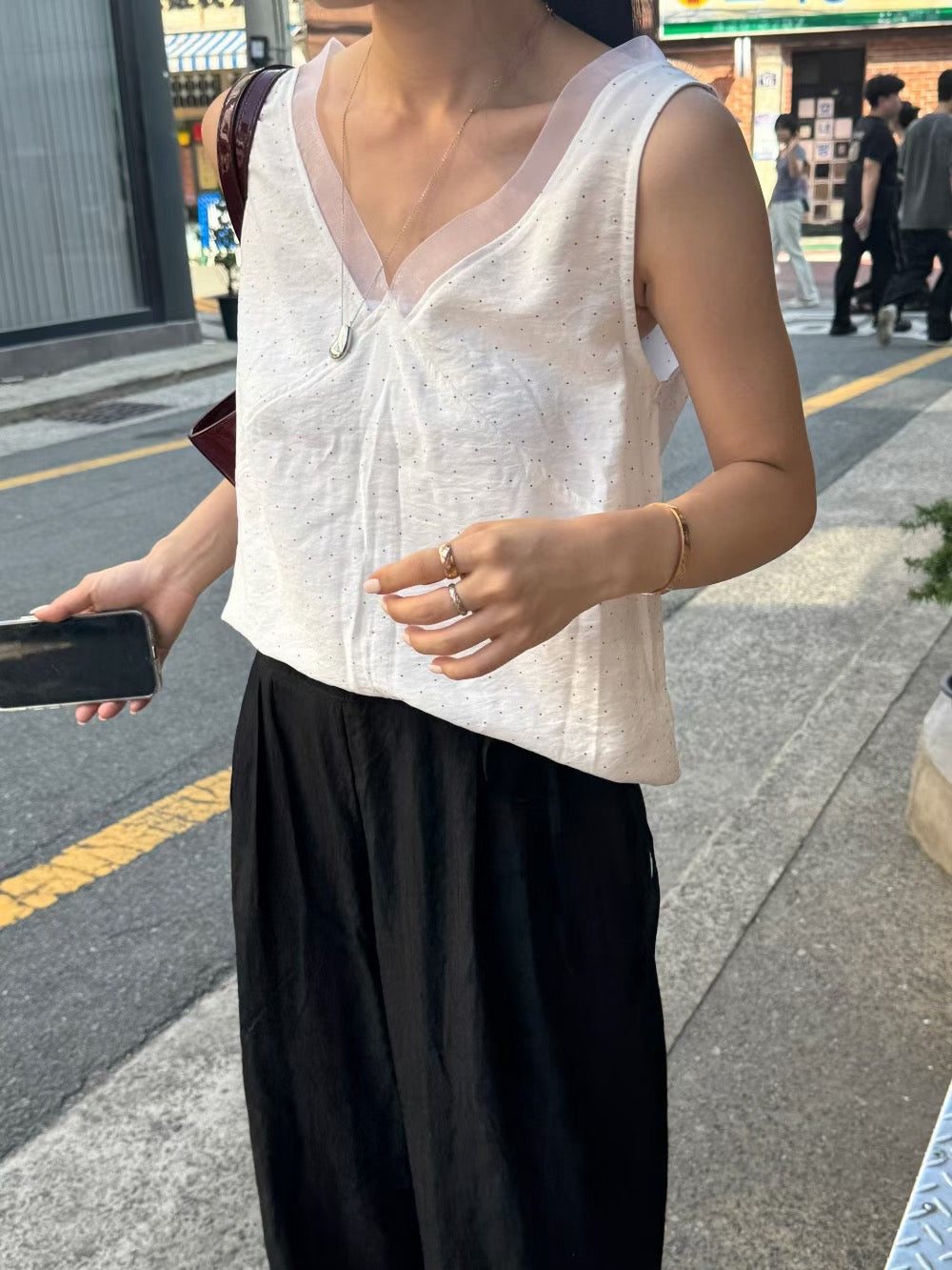 Mini Dot layered lace V-neck